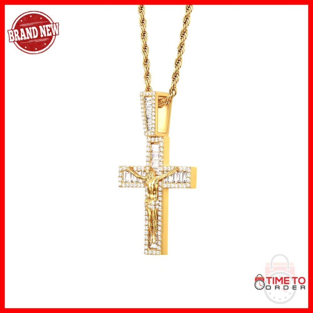 Crucifix Necklace with Baguette CZ, 24" Rope Chain, Lobster Clasp